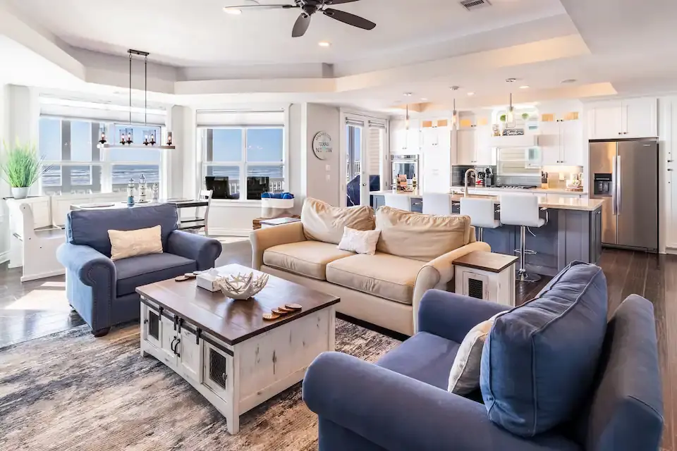 Sunrise on the Beach vacation rental in Galveston — open great room with Gulf views and island kitchen
